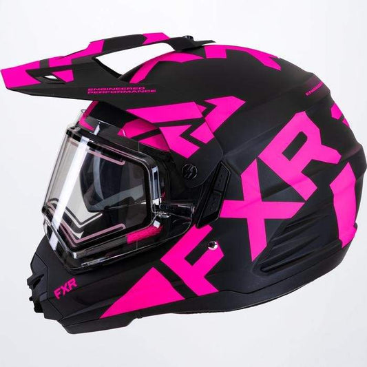 FXR TORQUE X TEAM HELMET with E-Shield, sun shade, in black and pink design.