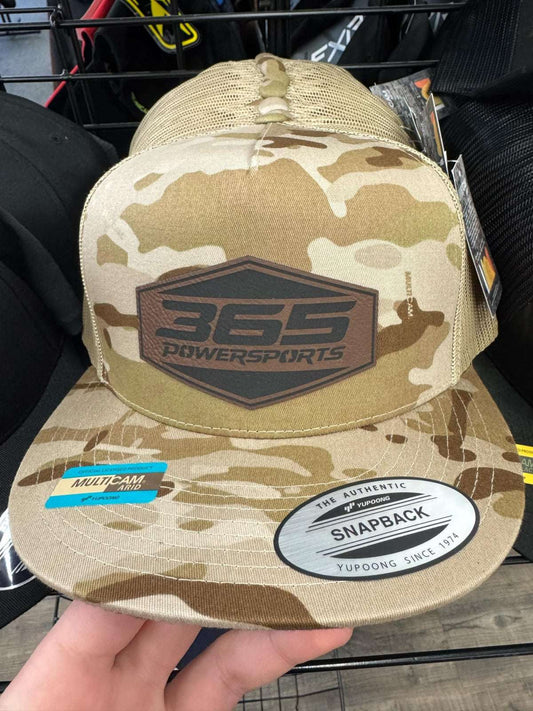 365 Powersports camo 5-panel classic trucker hat with leather patch and snapback closure