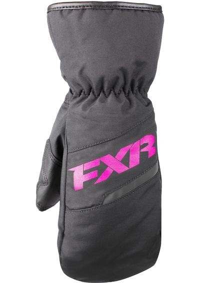 FXR Youth Octane Mitt in black with pink logo, featuring 200g insulation, waterproof liner, and polar fleece lining.
