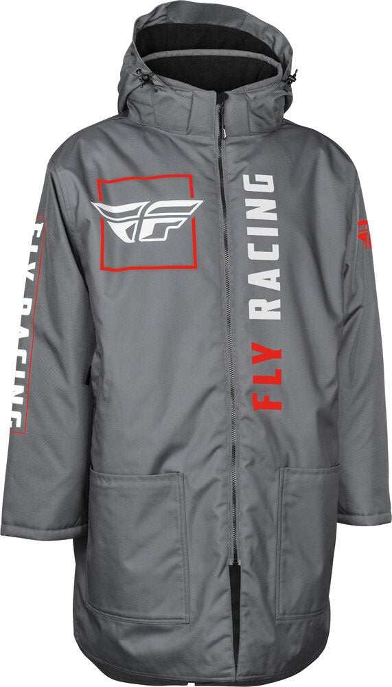 Grey Fly Racing Pit Coat with hood, full-length zipper, and large pockets designed for windproof, waterproof, and breathable protection.