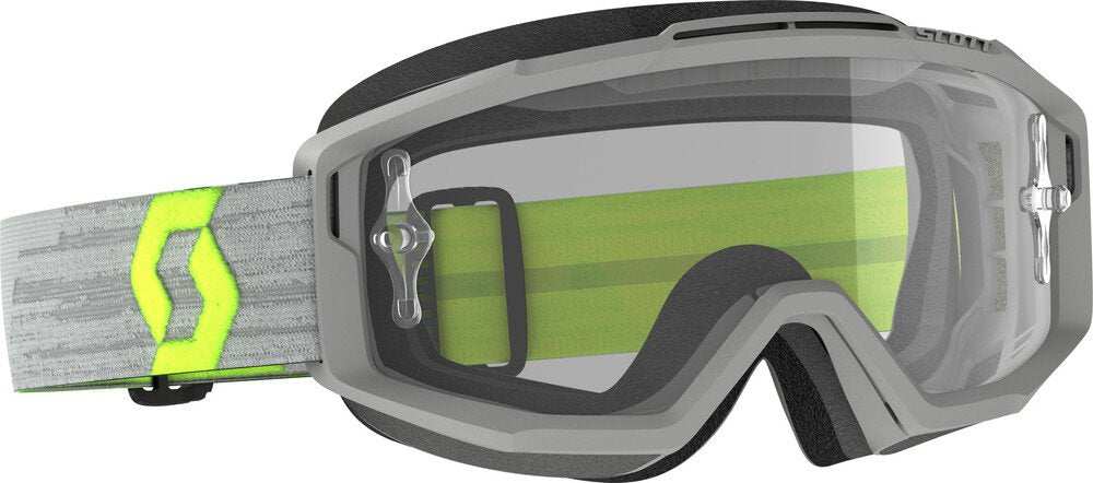 SCOTT Split OTG Goggle with active frame venting, three-layer face foam, and durable silicone-lined strap in gray and neon green