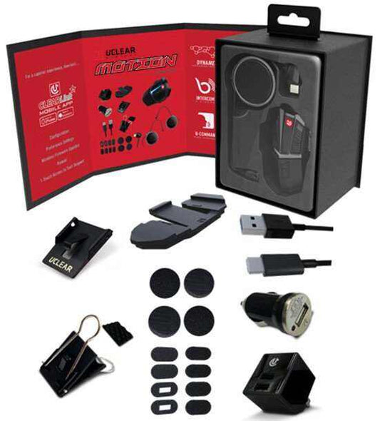 UCLEAR MOTION 4 Lite Bluetooth communicator packaging and accessories.