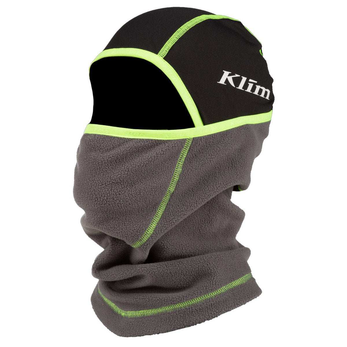KLIM SHADOW BALACLAVA in gray and black, featuring versatile hinged hood, warm stretchy fleece, ergonomic design, and breathable moisture-wicking fabric.