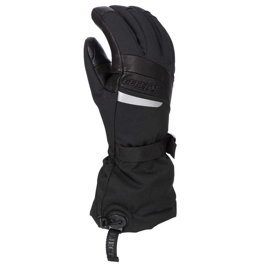 Black KLIM Radiate Gauntlet Glove with Gore-Tex, leather palm, insulation, and adjustable wrist strap for winter riding