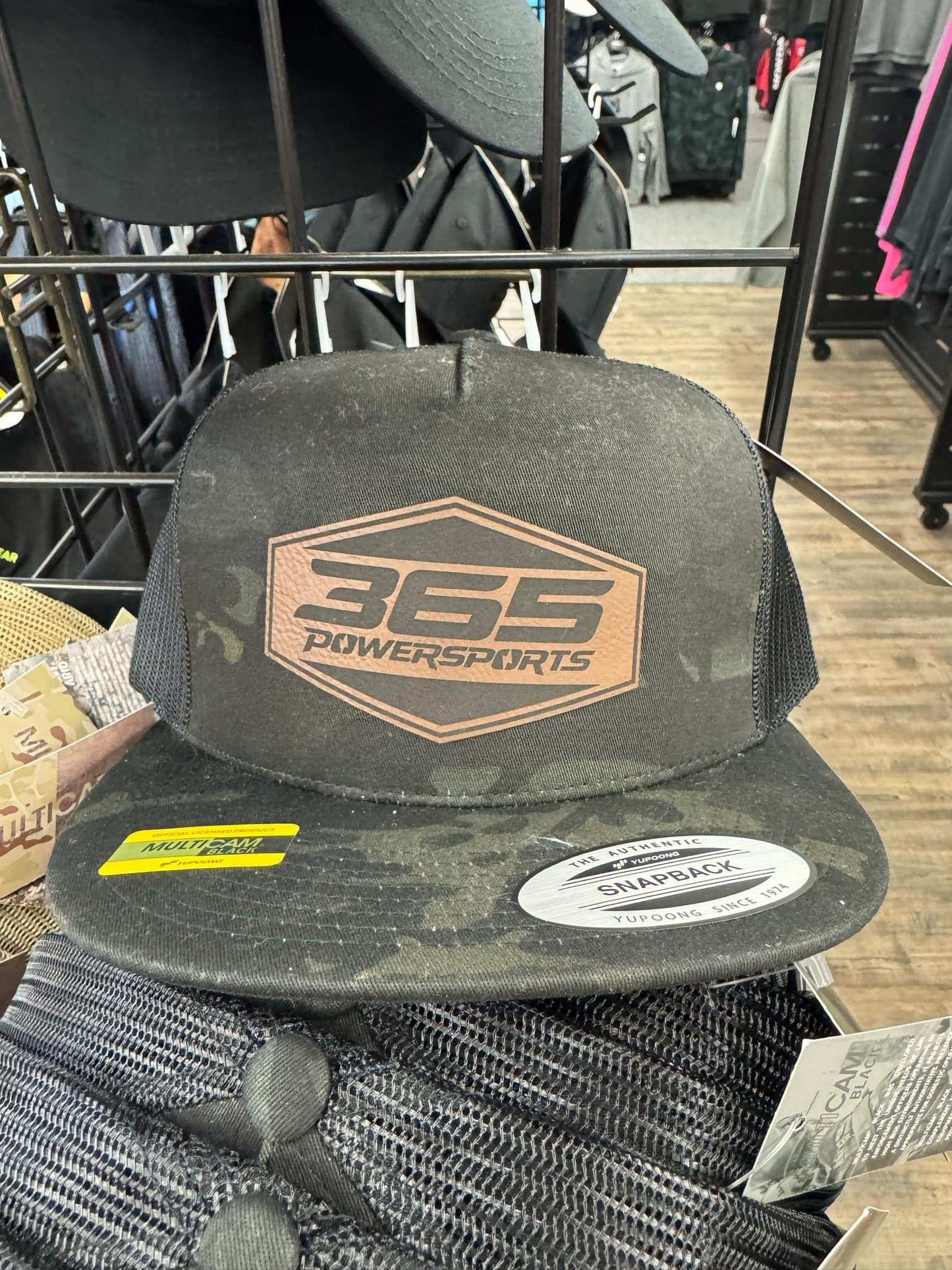 365 Powersports black 5 panel classic trucker hat with leather patch logo and mesh back