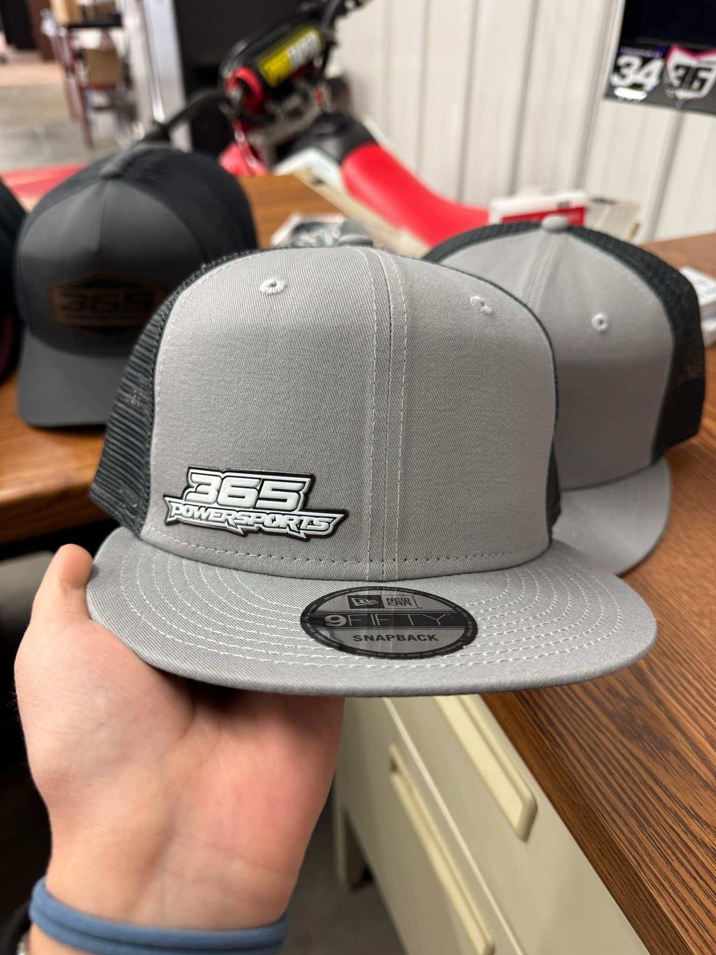365 Powersports 9FIfty Flexstyle gray and black snapback hat with logo on front panel