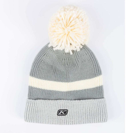 KLIM Powder Pom Beanie in gray with white stripe, removable white pom, rib knit cuff for ear warmth