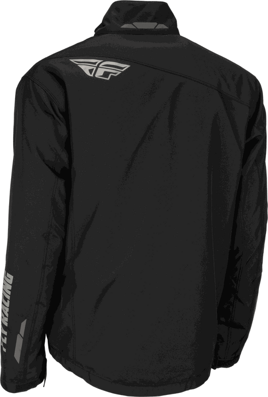 Black FLY RACING AURORA JACKET with abrasion-resistant shell, waterproof and windproof design, thermal insulation, and reflective details.