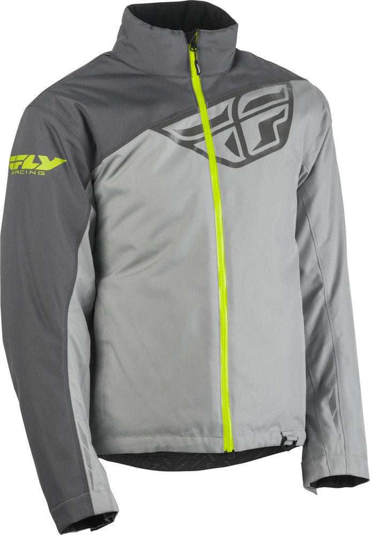 FLY RACING AURORA JACKET in grey with neon accents, featuring weatherproof technology and thermal insulation.