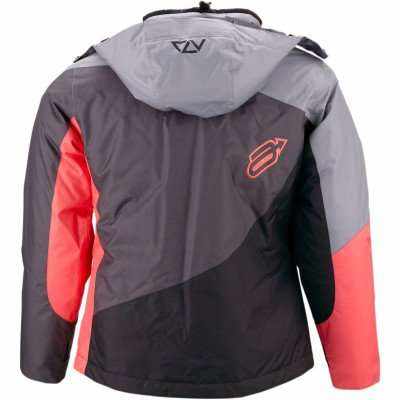 Women's waterproof hooded jacket with insulation and zip-off hood.