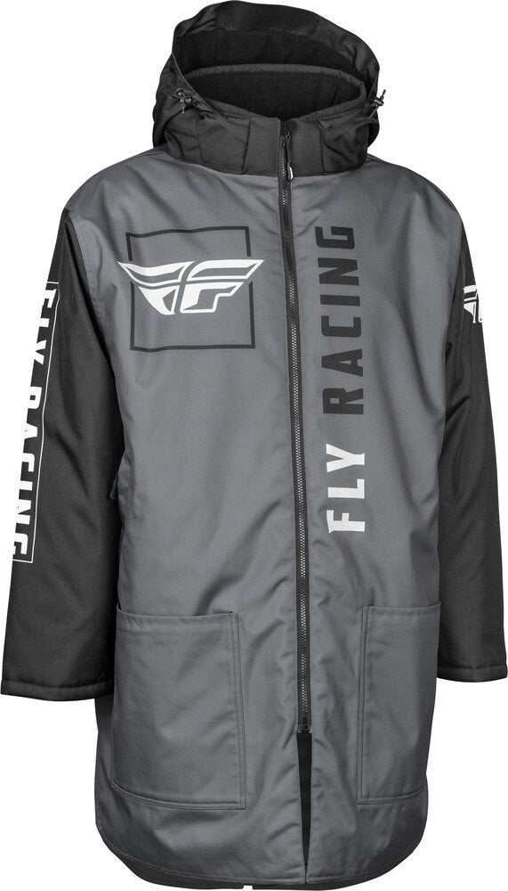 Fly Racing Pit Coat, oversized and weatherproof with detachable hood and full-length zipper.