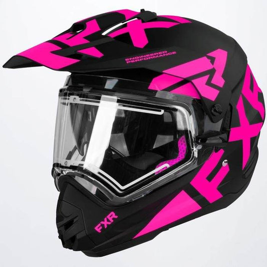 FXR TORQUE X TEAM Helmet with E-Shield and Sun Shade in black and pink.