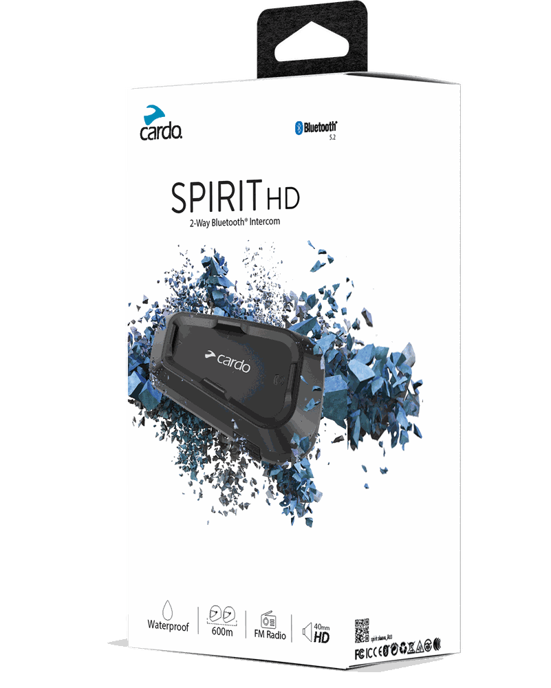 Cardo Spirit HD Bluetooth Single Headset packaging featuring Bluetooth 5.2 and FM radio.