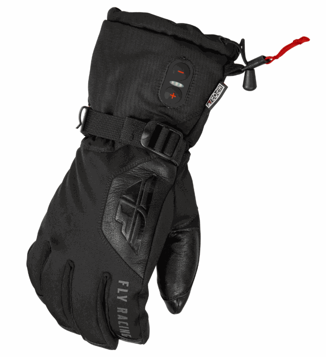 FLY RACING IGNITOR HEATED GLOVES with adjustable heat control, waterproof lining, and leather fingers.