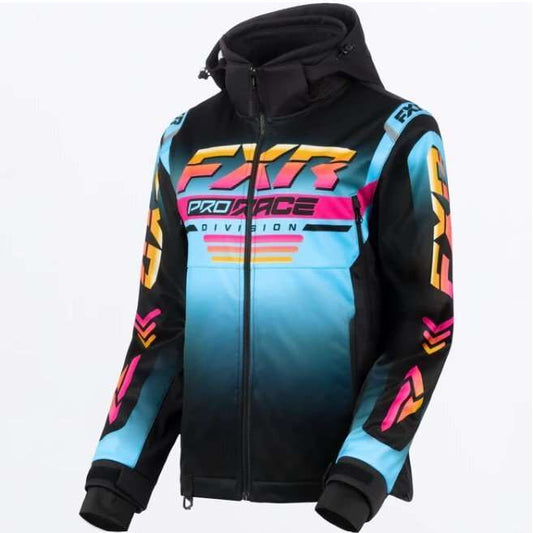 FXR RACING Women's RRX Jacket in blue and black with colorful logo, waterproof and wind-resistant with removable thermal liner and adjustable hood