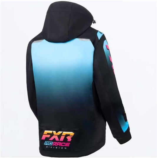 FXR Racing Women's RRX Jacket with removable hood and thermal liner, wind and water resistant tri-laminate shell, blue to black gradient back with colorful FXR logo.