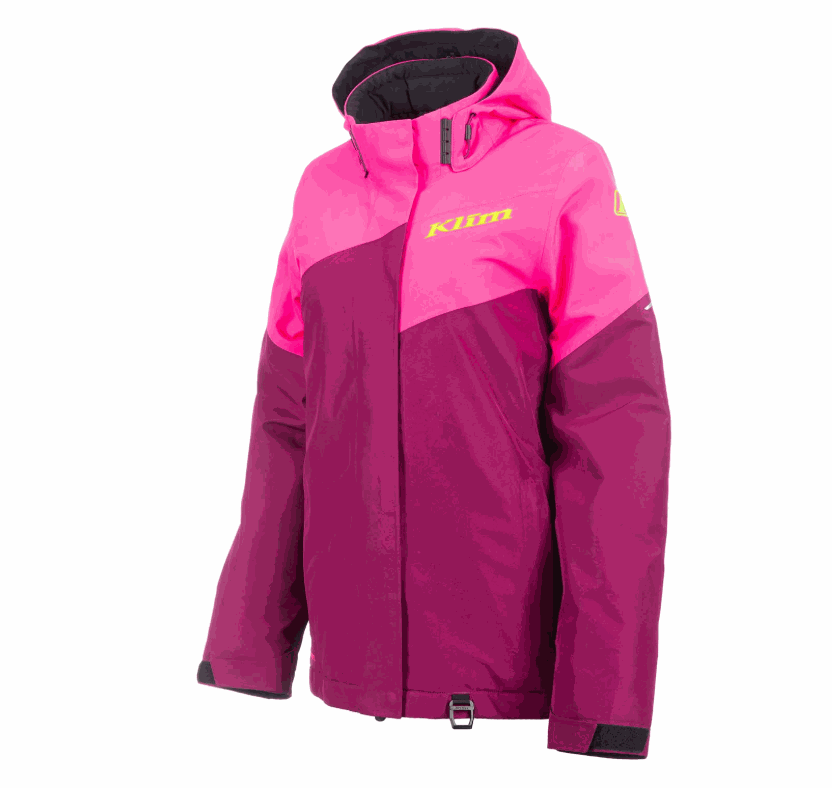 KLIM ALLURE JACKET women's waterproof insulated pink and purple Gore-Tex performance shell jacket with adjustable hood and reflective details