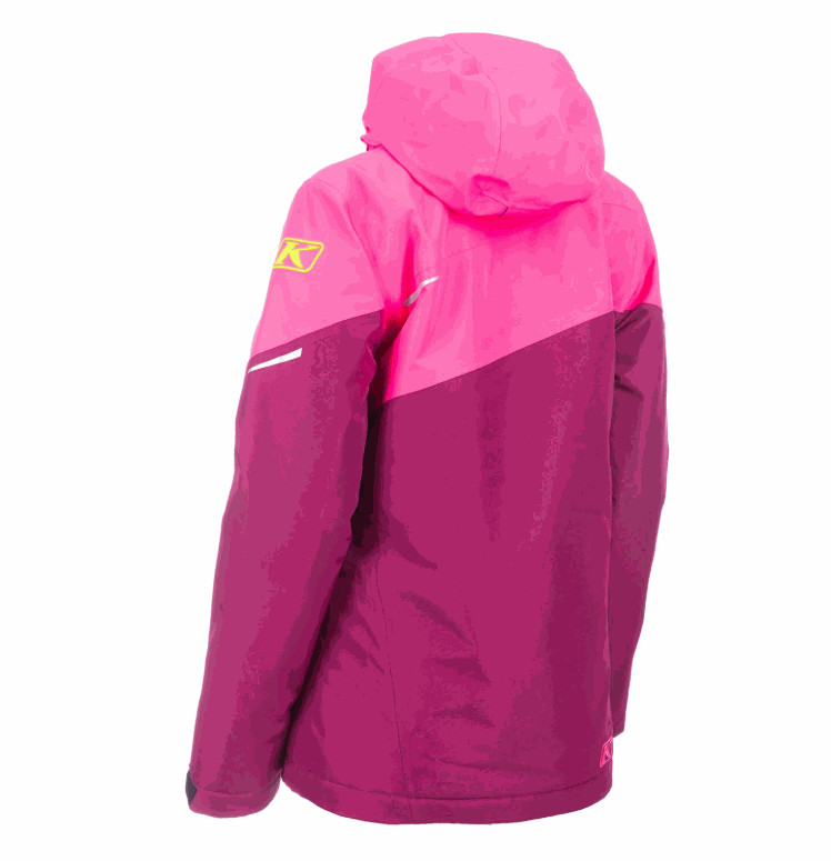 Women’s KLIM Allure Jacket in pink and purple, waterproof and insulated for trail riding with adjustable hood and reflective details