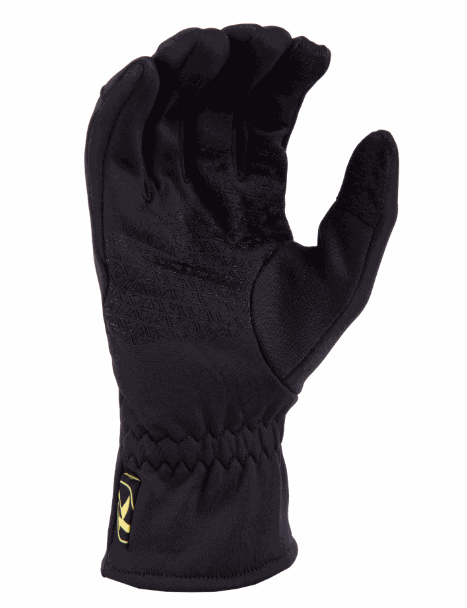 Black KLIM Glove Liner 1.0 with hyper-wicking fabric and e-touch fingertips for moisture control and touchscreen use.