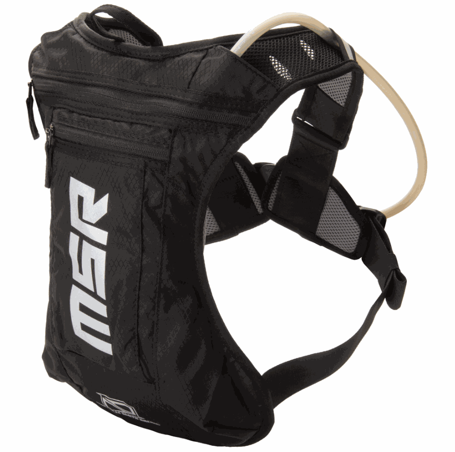MSR Low-Profile Race Hydration Pack in black with 4-point harness and hydration tube.