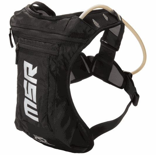 MSR Low-Profile Race Hydration Pack in black with 4-point harness and hydration tube.
