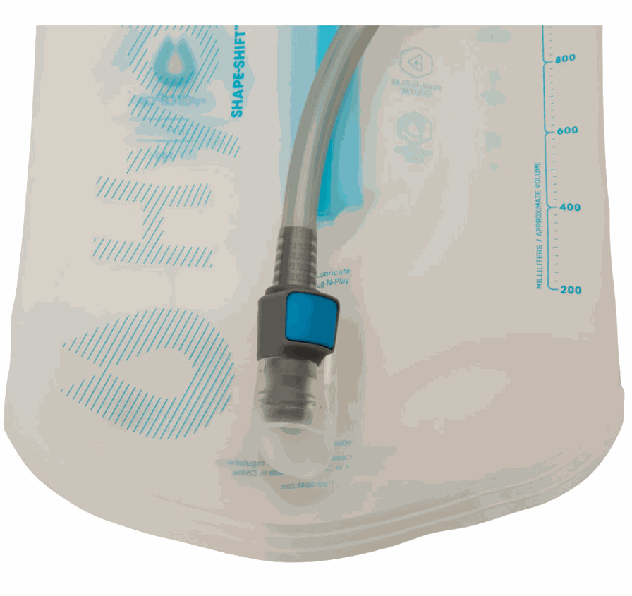 Close-up of the 70 oz. Hydrapak hydration reservoir with high-flow bite valve for the MSR Low-Profile Race Hydration Pack