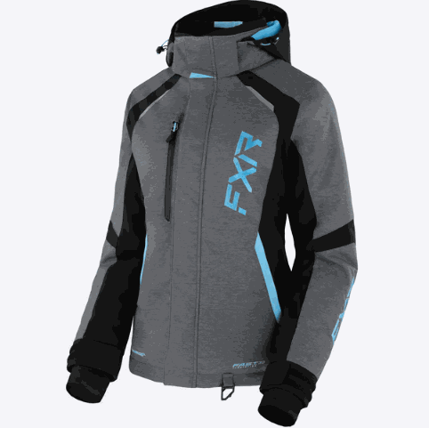FXR RACING WOMEN'S PULSE JACKET 23 in gray and black with blue accents, featuring adjustable hood and cuffs.