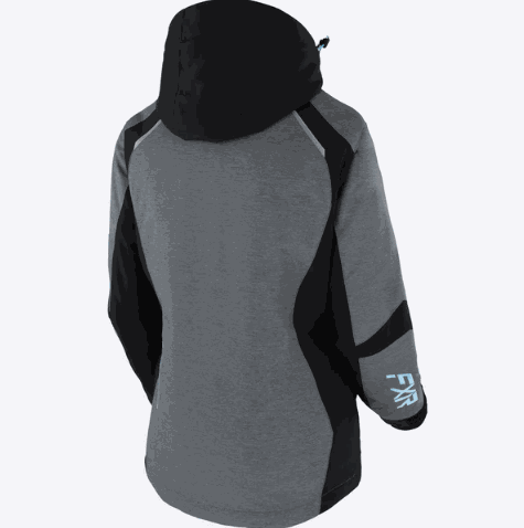 FXR Racing Women's Pulse Jacket 23, black and grey design, Omni-Stretch polyester shell, adjustable hood.