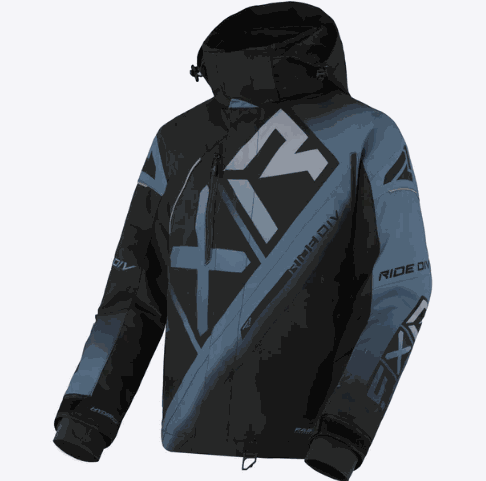 FXR RACING MEN'S CX JACKET 23, black and blue design, waterproof, thermal insulation, adjustable hood and cuffs, reflective details.