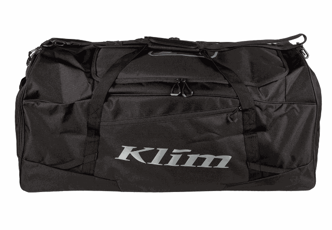 KLIM DRIFT GEAR BAG, large black duffle, durable design with heavy-duty zippers, adjustable dividers, and padded straps.