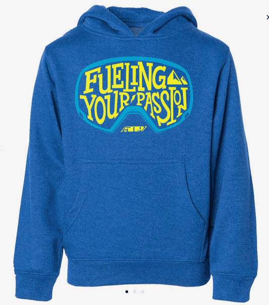Youth hoodie with screen-printed graphics, blue color, kangaroo pocket, and hood.