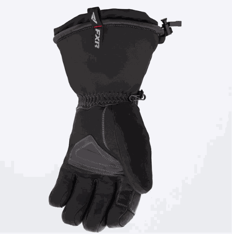 FXR Racing men's black leather gauntlet glove with reinforced palm, waterproof membrane, and adjustable wrist strap
