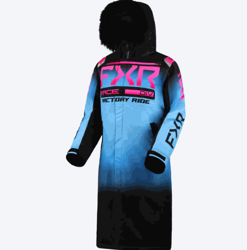 FXR RACING WOMEN'S Warm Up Coat with faux fur hood, featuring HydrX™ laminate and Thermal Flex™ insulation.