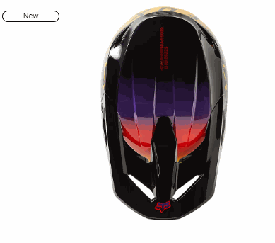 Top view of black FOX RACING V1 TOXSYK HELMET with red and purple gradient design and adjustable visor