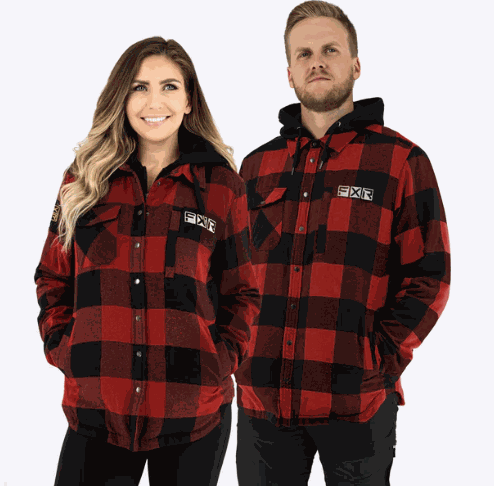 Men's and women's FXR Racing Timber Insulated Flannel jackets in red and black checkered pattern with fleece hood and front pockets