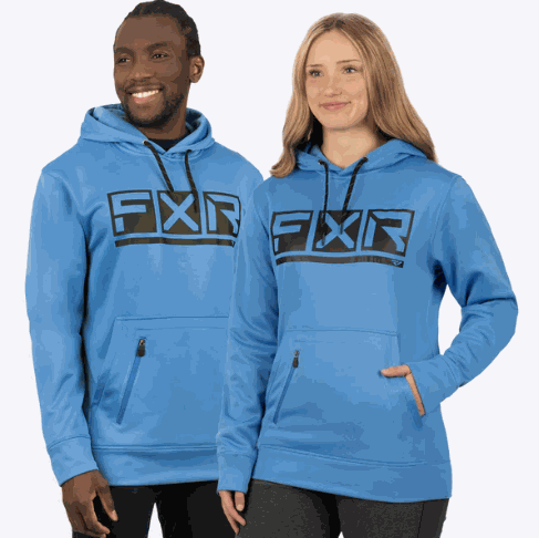 Unisex blue FXR Racing podium tech pullover hoodie with drawcord hood and zippered pockets.
