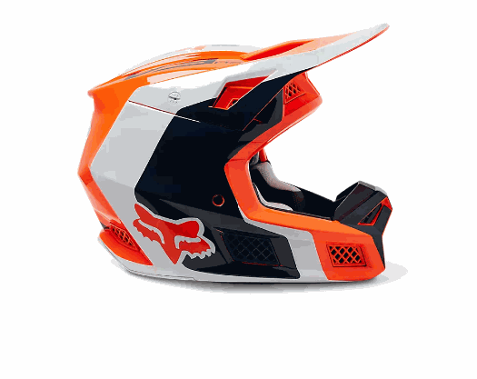 FOX RACING V3 RS motocross helmet with MIPS safety, MVRS visor, dual-density Varizorb EPS, and lightweight composite shell in orange, white, and black.