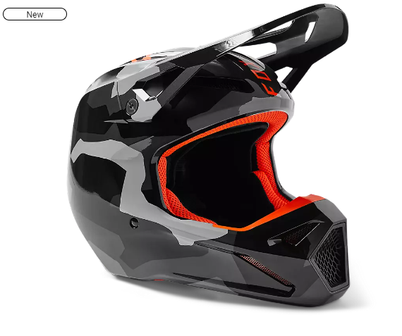FOX RACING V1 BNKR helmet black and gray with orange interior, DOT and ECE certified, Mips protection and vented design
