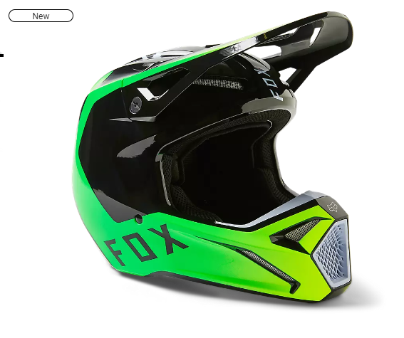 FOX Racing V1 Dpth full-face motocross helmet with green and black design, DOT and ECE certified, Mips safety system, and adjustable visor
