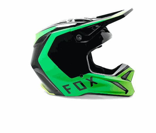 FOX Racing V1 DPTH helmet in green and black with Mips safety system and adjustable visor for motocross and ATV riding