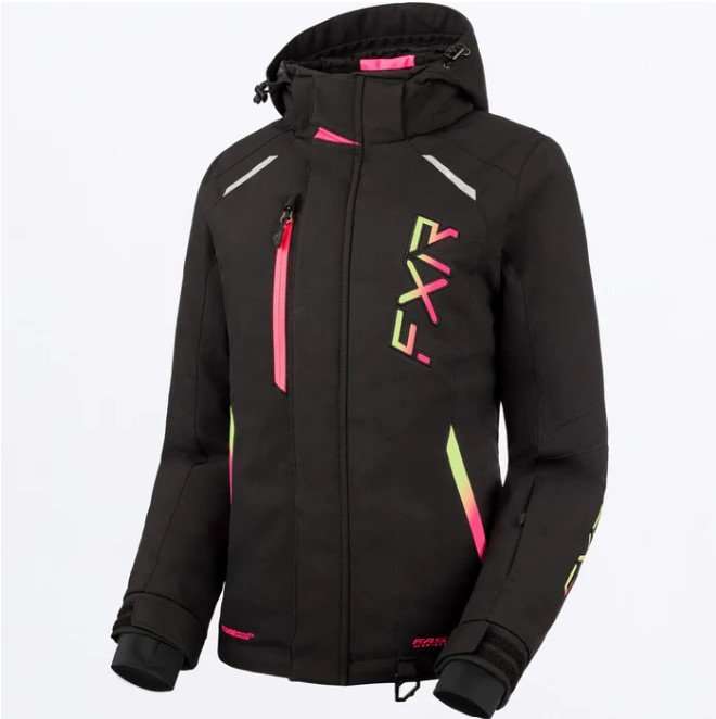 FXR RACING WOMEN'S PULSE JACKET 23, black with neon accents, waterproof and insulated with adjustable features.