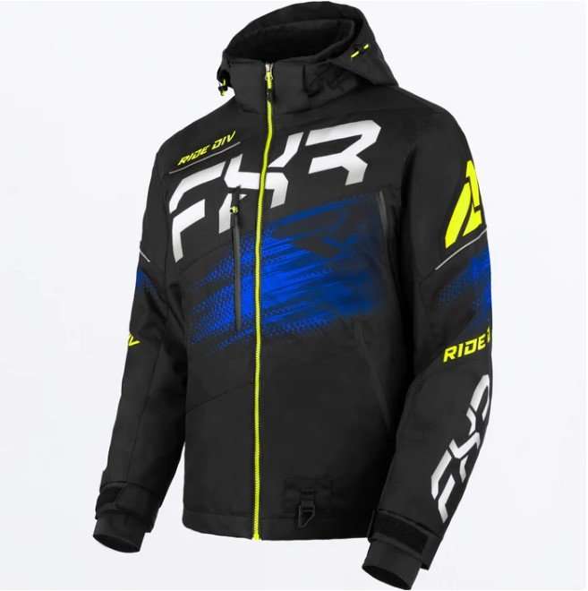 FXR RACING M Boost FX 2-in-1 Jacket 24, black with blue and yellow accents, features HydrX Pro laminate, removable liner, and adjustable hood.