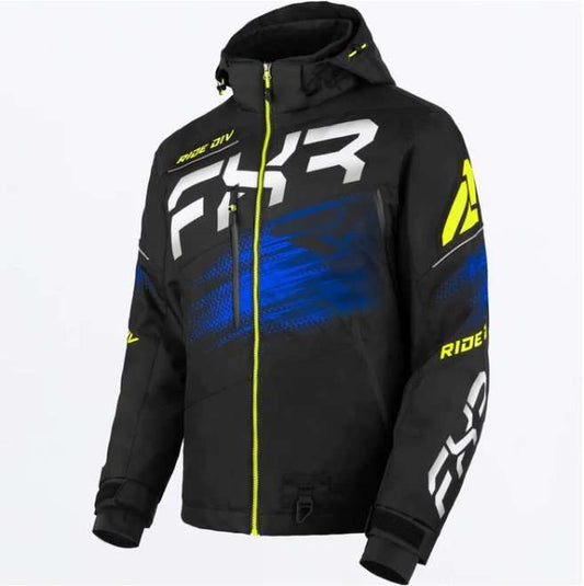 FXR RACING M Boost FX 2-in-1 Jacket 24, black with blue and yellow accents, features HydrX Pro laminate, removable liner, and adjustable hood.