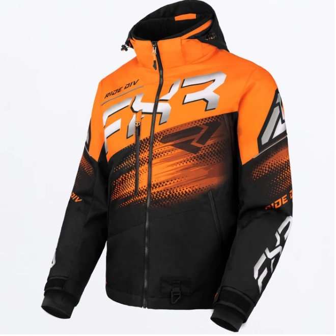 FXR RACING M BOOST FX 2-IN-1 jacket, black and orange, 450D polyester, HydrX Pro™ laminate, removable liner, reflective elements.