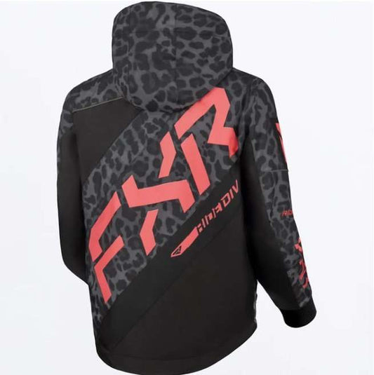 FXR RACING CHILD CX JACKET with red FXR logo, detachable hood, and black with leopard print design.