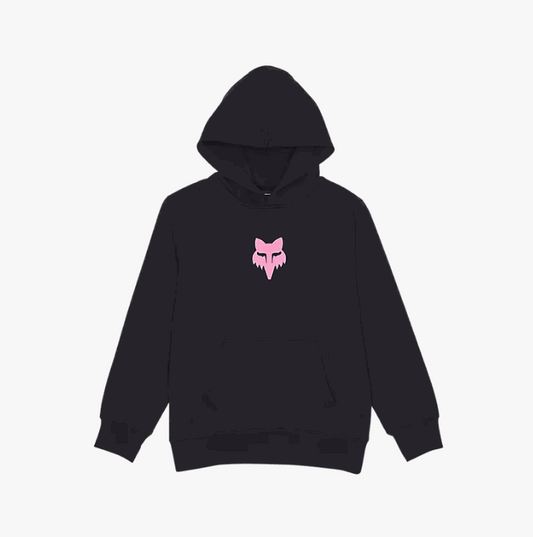 Fox Racing Youth Legacy Pullover Hoodie with pink logo, mid-weight fleece, kangaroo pocket.
