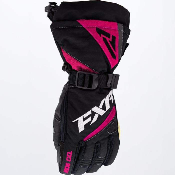 FXR YOUTH HELIX RACE GLOVE 22, black and pink design, durable nylon shell, waterproof, insulated with Thinsulate, reinforced leather palm, adjustable storm cuff.