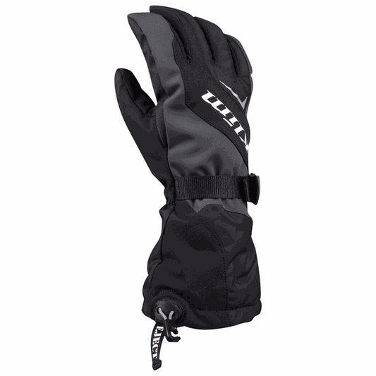 Black KLIM Ember Gauntlet glove with Gore-Tex, insulated for women riders, featuring adjustable wrist strap and grip-enhancing Trelleborg palm.