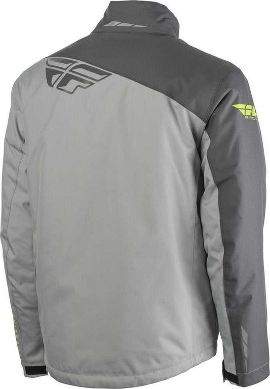 Back view of a gray and dark gray FLY RACING AURORA JACKET with weatherproof and insulated design features.
