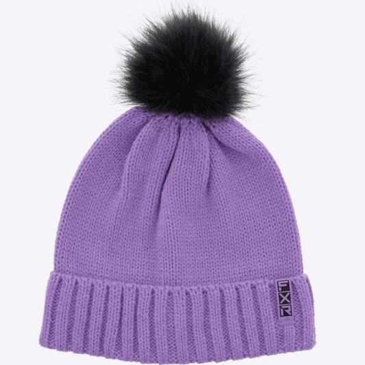 FXR Racing Sonic Beanie in purple with black pompom, soft acrylic knit, classic skull fit, fold-up rib cuff.